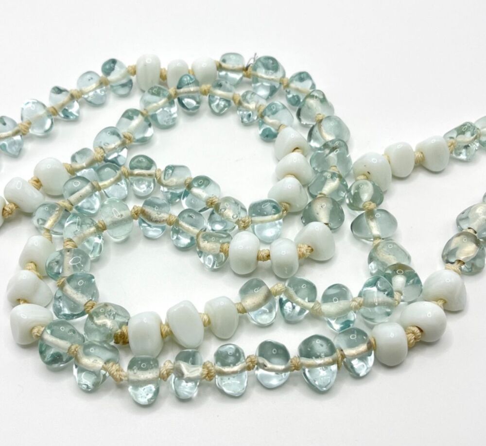 Vintage Aqua Glass Nugget Necklace White Beads Knotted Strand Boho Beachy 38"
